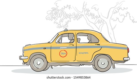 Drawing Of A Kolkata Local Taxi, Profile Illustration Vector