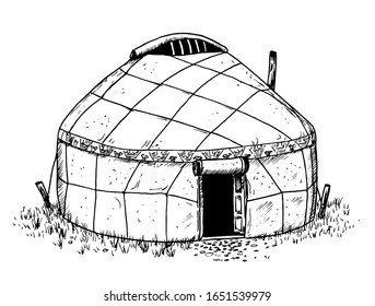 Drawing of Kyrgiz yurt - black and white illustration. 