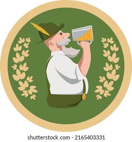 Drawing of a label or coaster on the theme of beer. An image of a man in a traditional costume drinking beer.