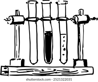 Dibujo de matraces de laboratorio y tubos de ensayo, equipo de laboratorio. Concepto de investigación científica y médica. Ilustración vectorial.