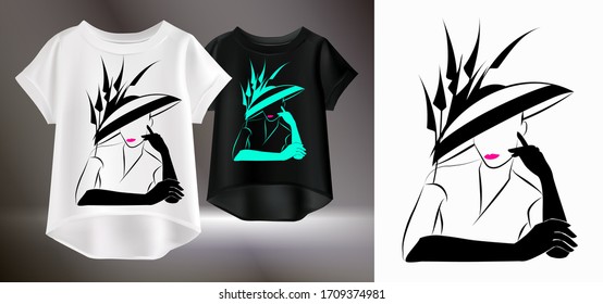 Drawing of a lady in a hat and gloves on a t-shirt. Vector illustration pictures for women's clothing.Portrait of a woman in retro style.