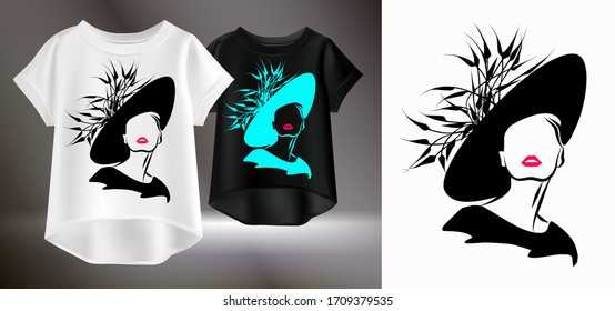 Drawing of a lady in a hat on a t-shirt. Vector illustration pictures for women's clothing. Portrait of a woman in retro style.