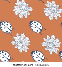 dibujo de un escarabajo de ladybug sobre un fondo rojo brillante entre las flores blancas,patrón vectorial sin fisuras