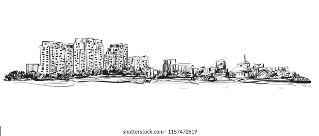 Drawing of landscape Ho Chi Minh city in Vietnam show building along river 