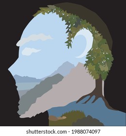 A drawing of a landscape inside the head of a Jew with a beard and a skullcap.
Mountains, sea, river, trees and stones, in the shape of a skull.
Artistic vector painting.