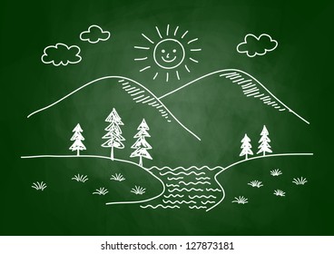 Drawing of landscape on blackboard