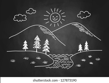 Drawing of landscape on blackboard