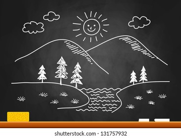 Drawing of landscape on blackboard