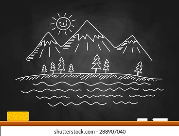 Drawing of landscape on blackboard