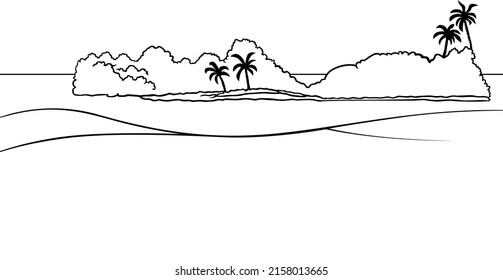 Drawing of a Landscape with a Sandy Shore and an Island in the Sea - Cartoon Illustration Isolated on White Background, Vector