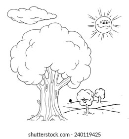 Drawing of a landscape with trees and hills