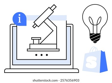 A drawing of a laptop displaying a microscope. Also visible are a lightbulb, an information symbol, and a shopping bag. Ideal for scientific research, innovation, education, online shopping