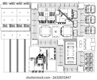 Um desenho de um grande edifício com muitos carros estacionados nele. A cena é movimentada e movimentada. Vista superior