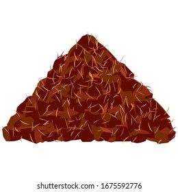 A drawing of a large dunghill in red, brown, gray and light gray colors with a large number of stalks of straw. White background. The base of the dunghill is wider beyond the top.