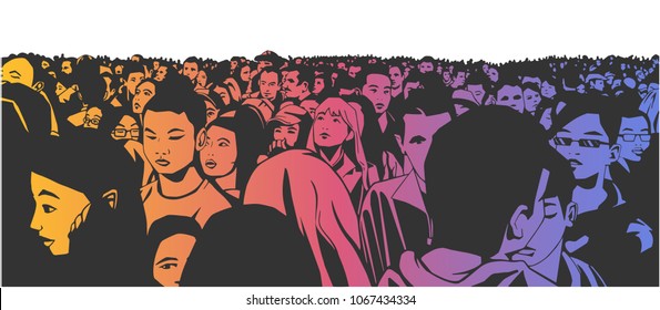 Drawing of large mixed ethnic city crowd