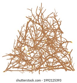 Drawing of a large pile of dry branches in brown. Heap swirls are depicted on a white background. All old dry branches are of different shapes.