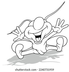Dibujo de un escarabajo riéndose sentado en el suelo con las manos arriba - Ilustración de caricatura aislada en fondo blanco, vector