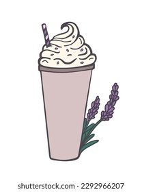 drawing lavender latte.  Drink with lavender flowers, illustration