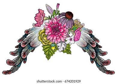drawing layout design with roses, flowers and bird wings. Concept for, flyer, card, invitation. Angel wings and blooming lily, roses Blackwork tattoo in feminine style. Vector.