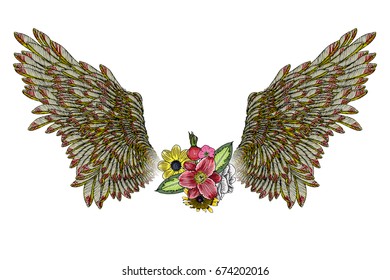 drawing layout design with roses, flowers and bird wings. Concept for, flyer, card, invitation. Angel wings and blooming lily, roses Blackwork tattoo in feminine style. Vector.