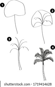 Drawing learn step by step tutorial techniques plants set with vegetables fruits flowers trees vegetation for kids workbook isolated background. Vector illustration palm tree