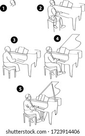 Drawing learn step by step tutorial techniques people occupations set with professions jobs business working trade career province for kids workbook isolated background. Vector illustration pianist