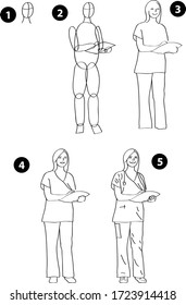 Drawing learn step by step tutorial techniques people occupations set with professions jobs business working trade career province for kids workbook isolated background. Vector illustration nurse