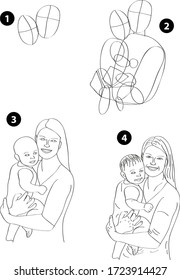 Drawing learn step by step tutorial techniques people occupations set with professions jobs business working trade career province for kids workbook isolated background. Vector illustration mother