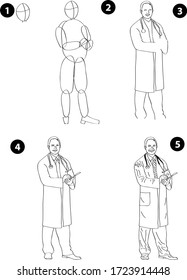 Drawing learn step by step tutorial techniques people occupations set with professions jobs business working trade career province for kids workbook isolated background. Vector illustration doctor