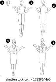 Drawing learn step by step tutorial techniques people occupations set with professions jobs business working trade career province for kids workbook isolated background. Vector illustration hostess