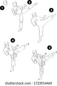 Drawing learn step by step tutorial techniques people occupations set with professions jobs business working trade career province for kids workbook isolated background. Vector illustration karate