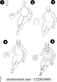 Drawing learn step by step tutorial techniques people occupations set with professions jobs business working trade career for kids workbook isolated background. Vector illustration basketball player