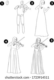 Drawing learn step by step tutorial techniques people occupations set with professions jobs business working trade career province for kids workbook isolated background. Vector illustration musician