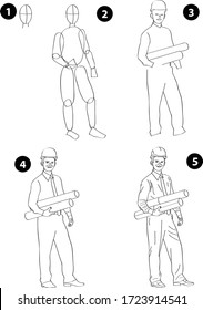 Drawing learn step by step tutorial techniques people occupations set with professions jobs business working trade career province for kids workbook isolated background. Vector illustration engineer