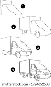 Drawing learn step by step tutorial techniques vehicles set with cars aircrafts ships for kids workbook isolated background. Vector illustration van car