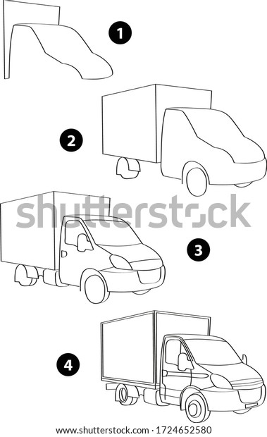 Drawing learn step by step tutorial\
techniques vehicles set with cars aircrafts ships for kids workbook\
isolated background. Vector illustration van\
car