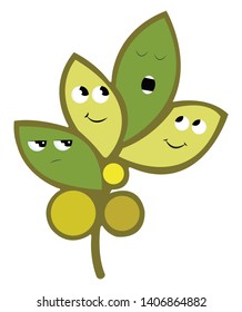 Drawing of leaves with facial expressions happy, sad, thinking, vector, color drawing or illustration. 