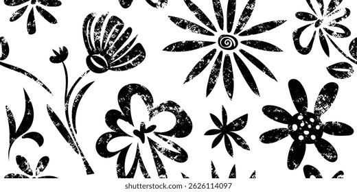 Dibujo de hojas y flores, patrón transparente, textura grunge, fondo floral de Vector