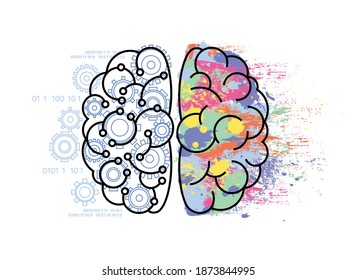 Drawing left and right side of brain. Logic and creativity concept. Cartoon character flat vector illustration.