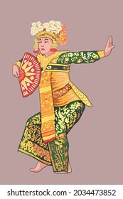 drawing legong dance, balinese, Indonesian traditional dance, art.illustration, vector