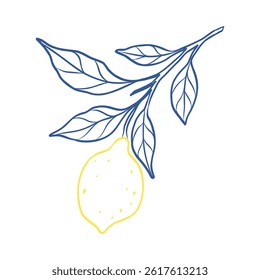 A drawing of a lemon with a leaf on it. The leaf is blue and the lemon is yellow