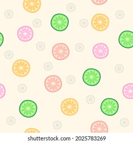 Zeichnen von Zitrone oder Orange auf halbem Tuch, grün, gelb, orange, rosa im Muster und Hintergrund, Vektorgrafik.