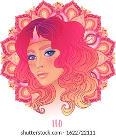 Drawing of Leo astrological sign as a beautiful girl over ornate mandala pattern. Zodiac vector illustration isolated on white. Future telling, horoscope, alchemy, spirituality, fashion woman.