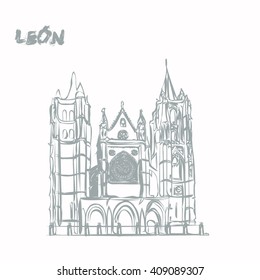 Drawing of Leon Cathedral, vector