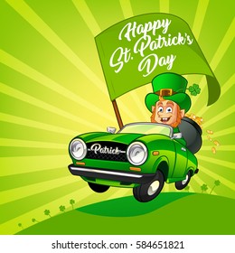 Drawing of a Leprechaun driving a car