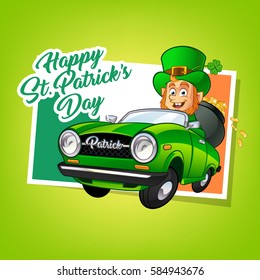 Drawing of a Leprechaun driving a car
