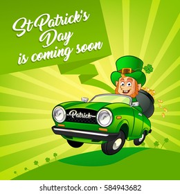 Drawing of a Leprechaun driving a car
