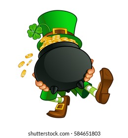 Dibujo de un leprechaun, lleva una olla con monedas de oro
