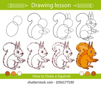 Drawing lesson for children. How draw a squirrel. Step by step repeats the picture. Drawing tutorial with funny cartoon rodent. Kids activity art page. Vector illustration.