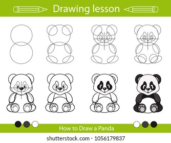 Drawing lesson for children. How draw a panda. Step by step repeats the picture. Drawing tutorial with funny cartoon bear. Kids activity art page. Vector illustration.